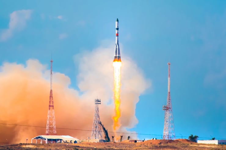 Rocket taking off from a spaceport