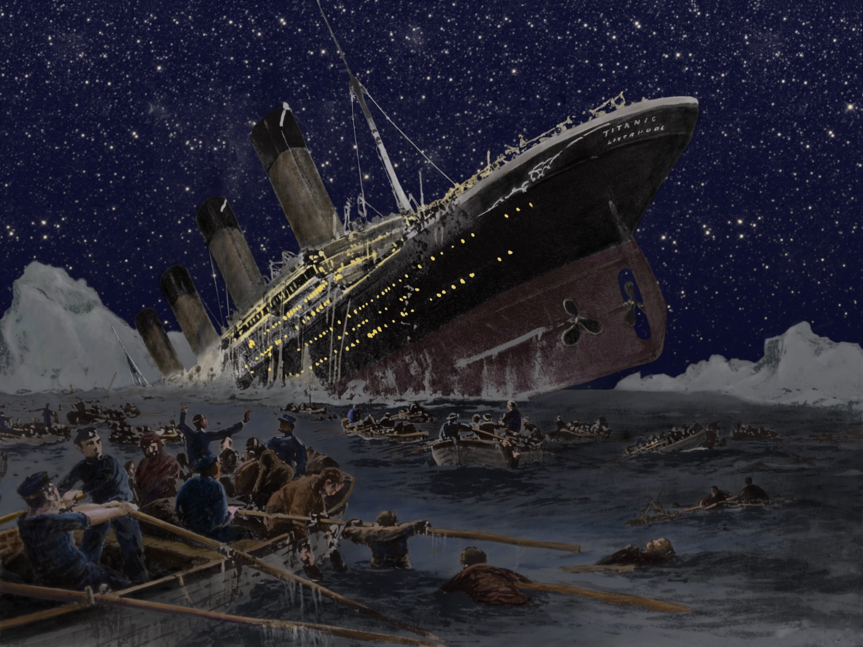 Titanic sinking and people being saved thanks to the ship’s wireless telegraphy device